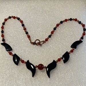 Elegant Vintage Black Obsidian, copper and Red Carnelian Beaded Necklace.